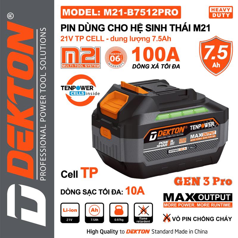Pin Máy Khoan Chân Phổ Thông Dekton M21 M21-B7512PRO, Dung Lượng 7.5Ah, 15 Cell TP Dòng Xả Cao