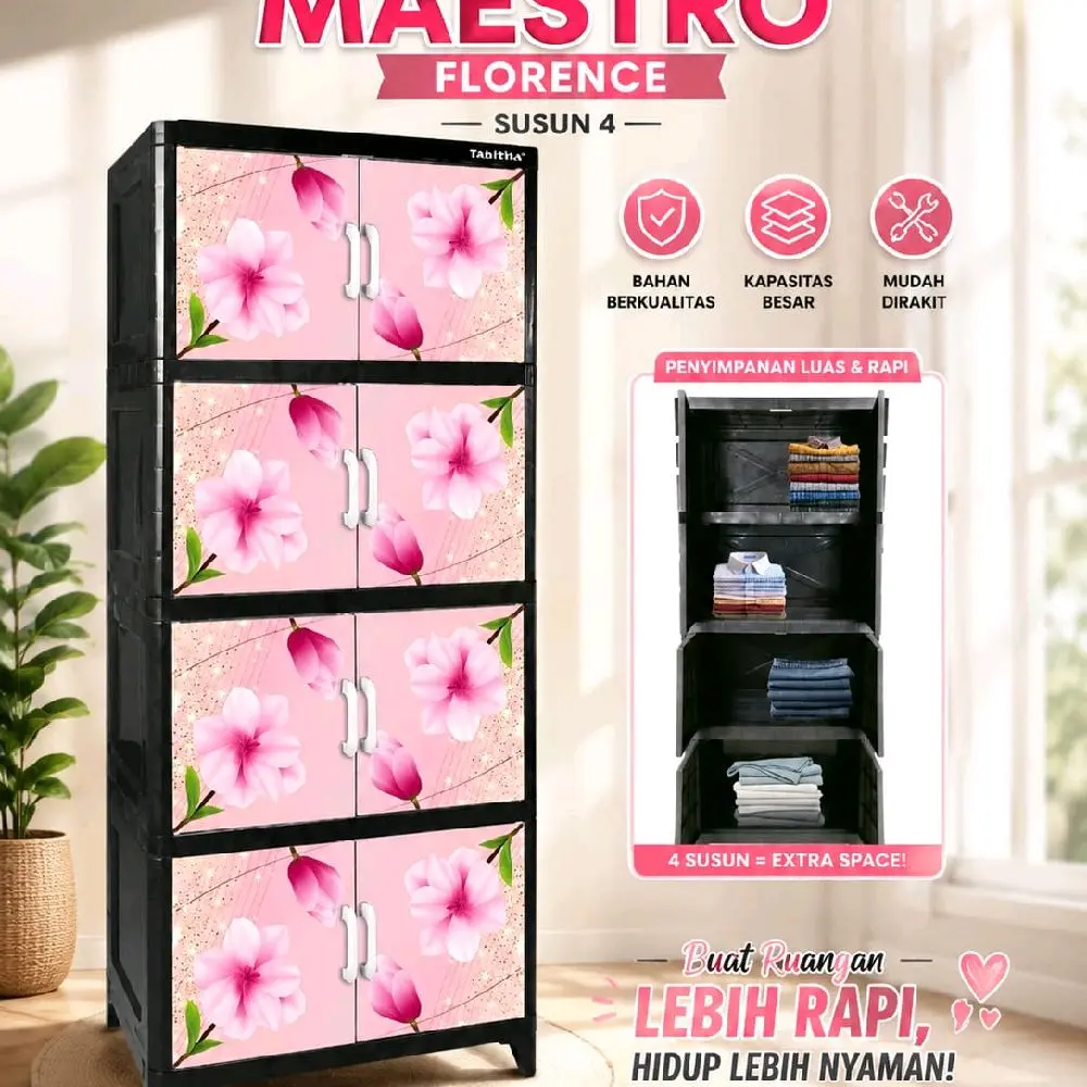 Tabitha Houseware Lemari Pakaian Small Series Maestro Verde Susun 4 Plastik Premium Anti Air Pintu Ganda Kapasitas Besar untuk Ruang Terbatas Furniture