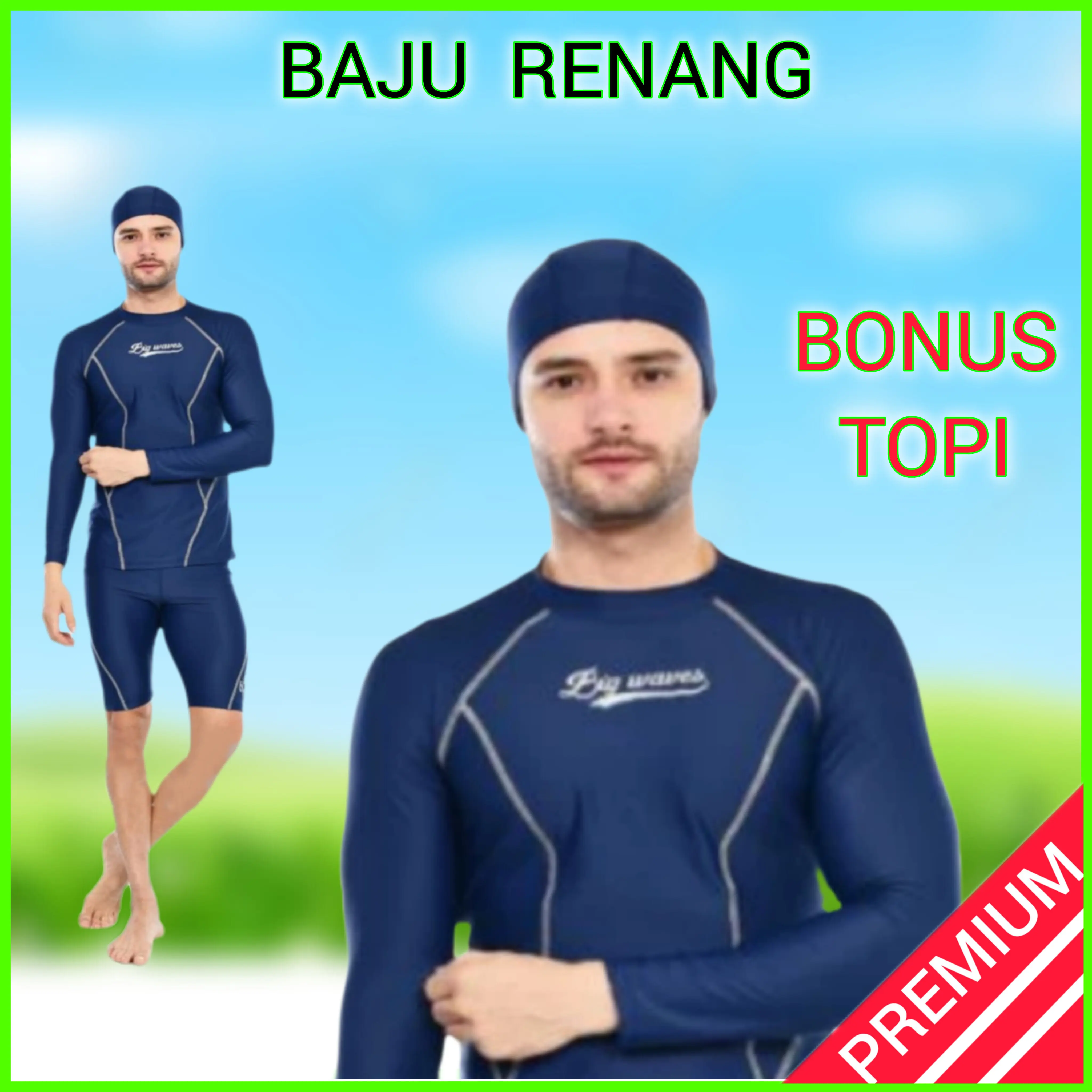 Setelan Baju Renang Pria Dewasa Lengan Panjang Celana Pendek Warna Polos BONUS TOPI Stelan Pakaian Berenang Diving Surfing Laki-laki Cowok Remaja Dewasa Ready Big Size Jumbo Model Terbaru Bahan Spandek Premium Murah Bisa COD