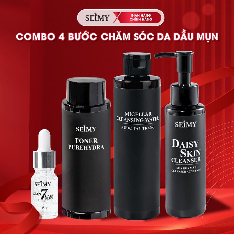 Combo Chăm Sóc Da Dầu Mụn Seimy 4 bước Nước Tẩy Trang Sữa Rửa Mặt Nước Hoa Hồng Serum Skin 7 Days