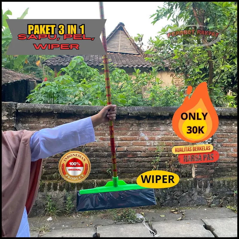 PAKET SAPU 3 IN 1 SAPU SENAR PEL & WIPER @3 ALAT BERSIH PLUS GAGANG PLASTIK serat nilon dengan gagang Lantai 6