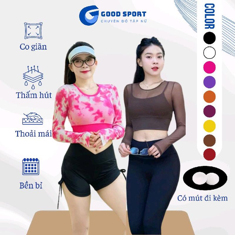 Áo crotop lưới tay dài kem áo bra tập gym yoga aerobic pickleball nữ kèm mút