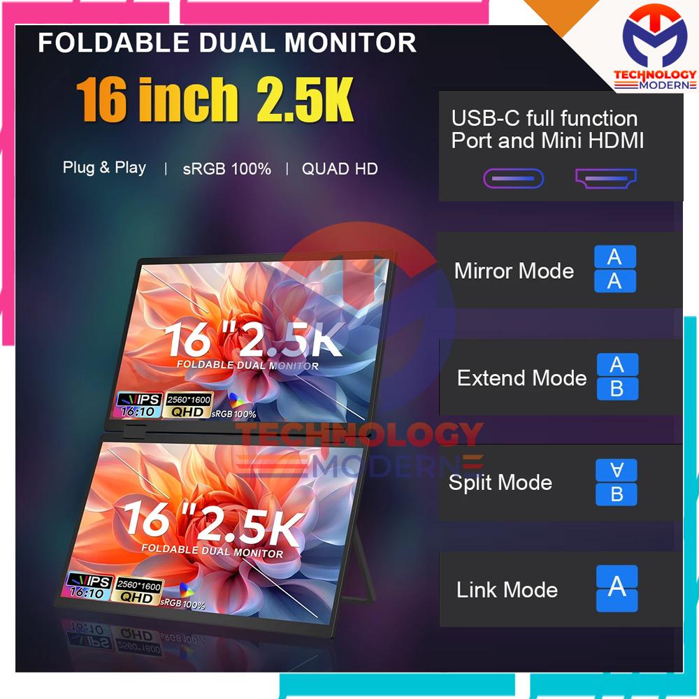 2.5K Triple Monitor Portable 16 Inch Extend Display with 315º Flip Windows & Mac Support Surface Phone Xbox PS5