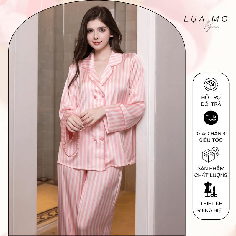 Pijama Tiểu Thư Form Vest Họa Tiết Sọc Hồng Vải Lụa Latin Cao Cấp - Đồ bộ Lụa Mơ LM142