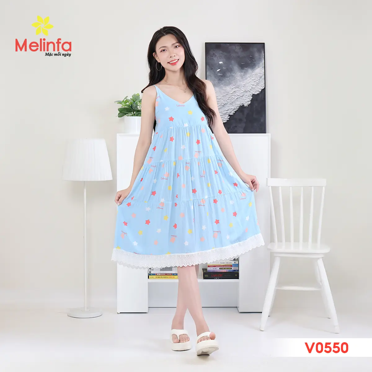 Váy ngủ hai dây nữ vải Viscose tự nhiên thoáng mát mềm mại, đầm mặc nhà mùa hè freesize mã MEV0550