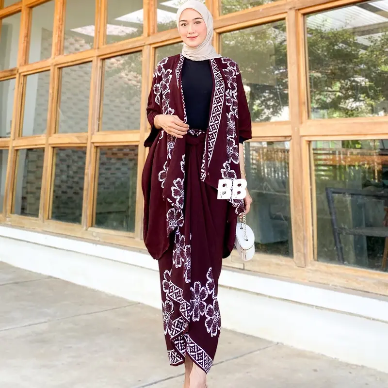 OUTFIT KONDANGAN SIMPEL ONE SET BATIK OUTER ROK LILIT KIMONO WANITA RAYON GLOYOR MOTIF ETNIQ OVERSIZE MODERN Muslim Setelan Simple 4