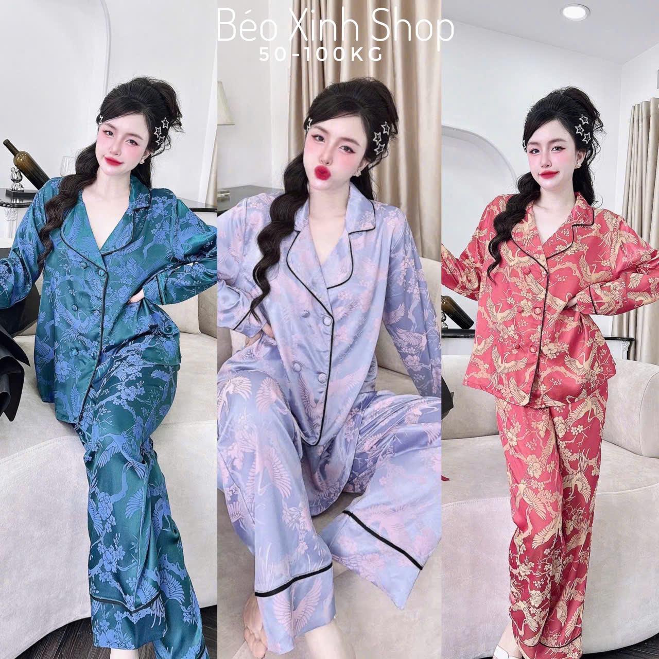 Đồ Bộ - Đồ Ngủ Tay Dài Quần Dài Vải Gấm 2 Da Tiểu Thư Cao Cấp Thanh Lịch Pijama Bigsize 50-100kg Bộ Ngủ Nữ Áo Ngủ Women Quần Ngủ - A.5654