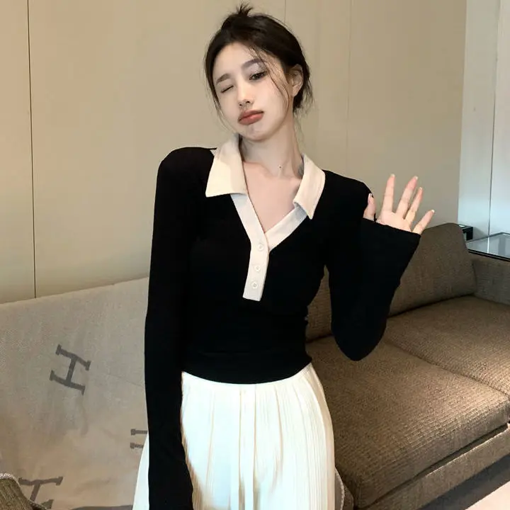 Women's Polo Collar Short Top 2023 New Inner Wear Comfortable Thickened Bottoming Shirt Long Sleeve T-shirt Women
