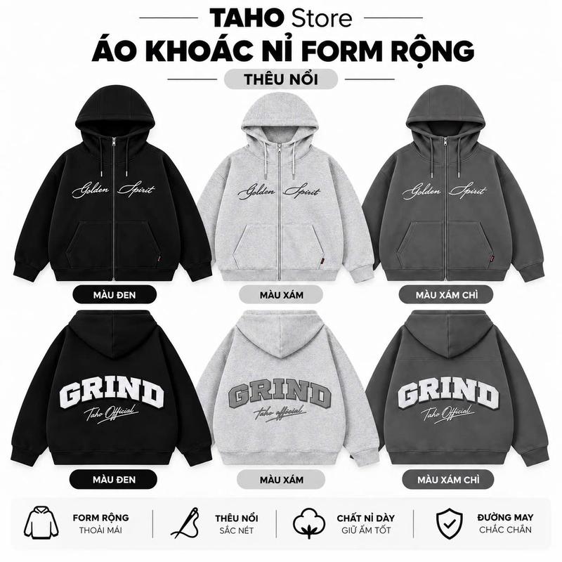 Áo Khoác Nỉ Form Rộng Thêu Nổi Hoodie Zíp Nam Nữ Unisex TAHO Basic Fullsize Dưới 80kg Hot Trend. Women Jacket Top