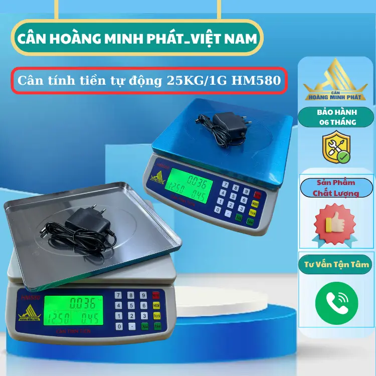 Cân điện tử tính tiền 25kg giá rẻ HM580 thương hiệu CÂN HOÀNG MINH PHÁT - Mâm cân INOX - Kèm Sạc