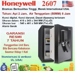 Brankas Honeywell 2607, Tahan Api 2 jam dan Tahan Air (Hingga Tenggelam), Sensor Alarm, Kunci Digital, Garansi Resmi 7 Tahun, Baru dan Original ini