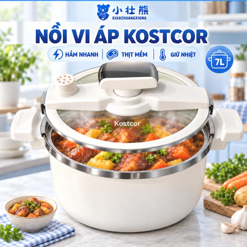 Nồi Áp Suất Vi Áp KOSTCOR Đáy Từ, Nắp Kính Van Xả Áp An Toàn, Chống Tràn, Dùng Bếp Từ Gas Hồng Ngoại Đa Năng