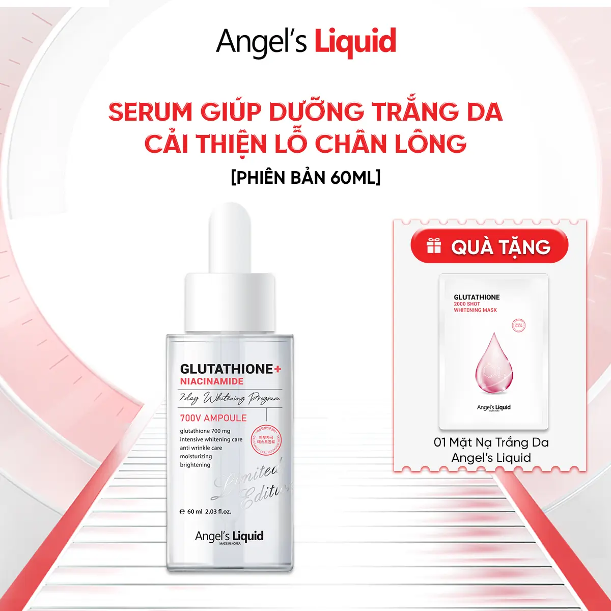 Serum Làm Trắng, Cấp Ẩm, Cải Thiện Lỗ Chân Lông Angel's Liquid Glutathione 700mg 7Day Whitening Program V-Ampoule 60ml