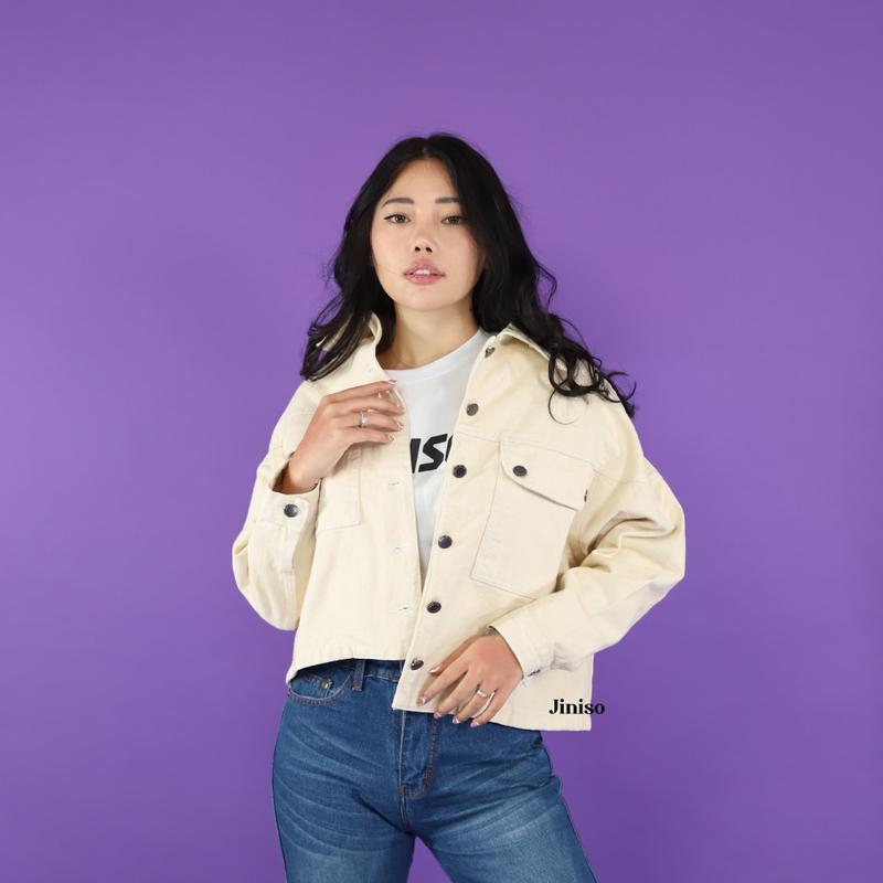 JINISO Jaket Crop Jeans Oversize Pocket Khaki 5