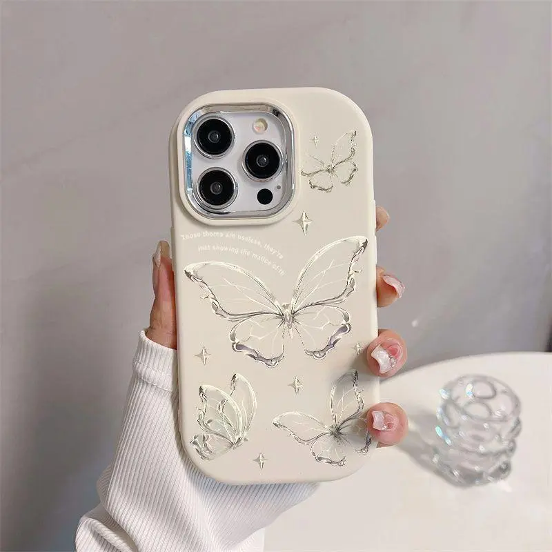 case IP 11 XR 12 13 14 15 7 8 XS plus Pro Max,Fashion Cute cartoon Silver Beautiful Butterfly,Durable couple gift Protective Indonesia Case for Girl 3