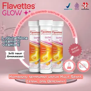 [TRIPLE PACK] Flavettes Effervescent Glow (15's x  3 tubes) - Suplemen rekomendasi mencerahkan kulit mengandung L-Glutathione, Vitamin C, dan Vitamin E untuk Mencerahkan Kulit - Glowing & Sehat drink antioksidan diskon