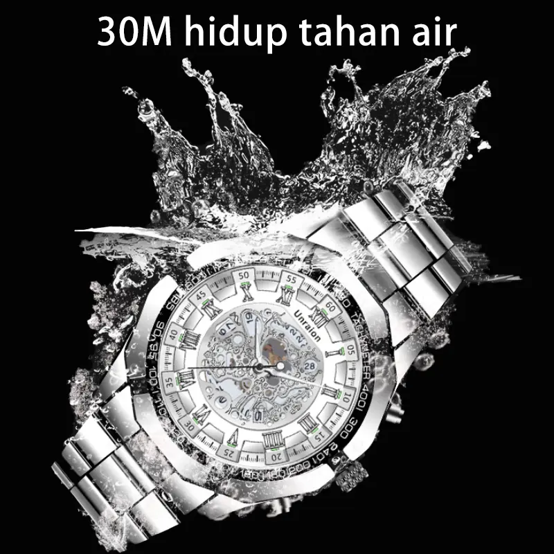 Jam Tangan Pria Original 100% Anti Air Bisnis Keren Terbaru Mewah Luxury Stainless Steel Cowok Multifungsi Quartz Analog Watch Berliku Otomatis  W101 4