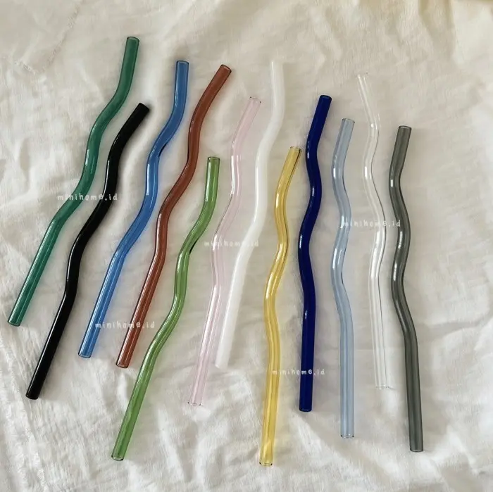 G✔Ax Wavy Straw Sedotan Kaca Borosilicate Bening Transparan Warna J☎7W
