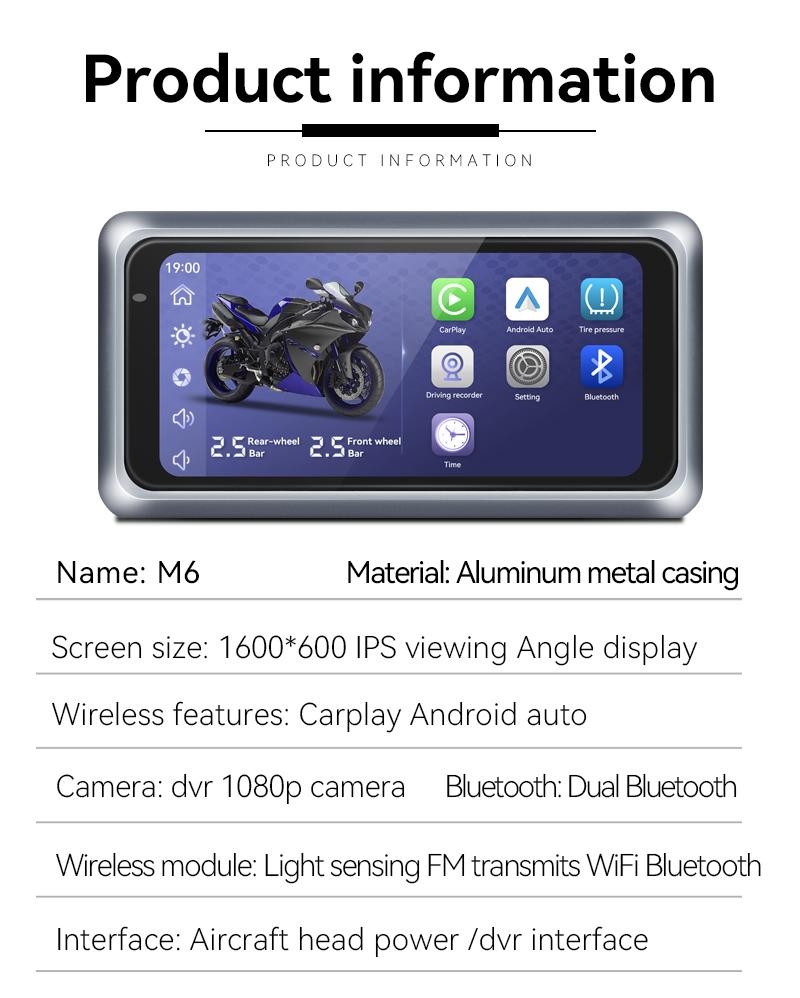 Product Introduction of M6 Motorcycle Portable GPS Navigation Dash Cam Recorder Wireless Apple Carplay Android Auto 6.25 Inch Touch Screen IPX7 Waterproof Tire Pressure System TPMS Metal body 15
