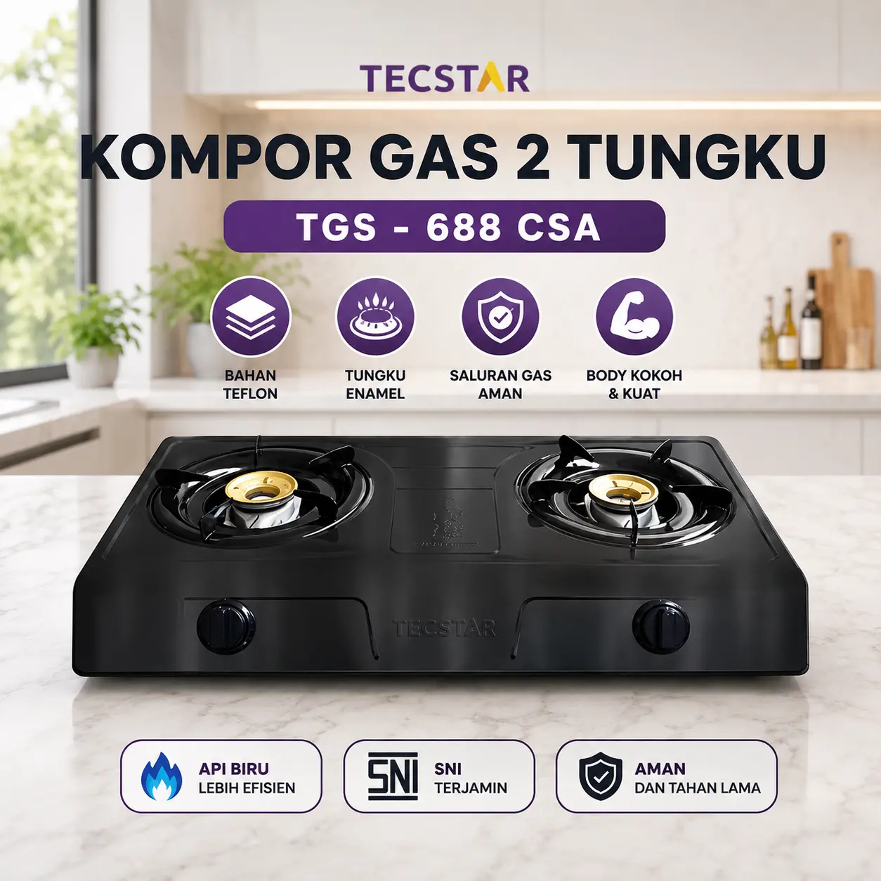 Kompor Gas Variasi 1tungku dan 2tungku Stainless Stell Teflon SNI Tahan Karat Peralatan Masak Api Biru Regulator