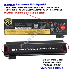 ORIGINAL BATERAI LENOVOO THINKPADDT440 T450 T450S T460 T460P T470 T440S T550 T560 W550S L450 L450S L460 L470 X240 X250 X260 X270 S440 S540 P50S K2450 TIPE SLIM +TIPE TEBAL KODE 68 68+ MODEL TEBAL