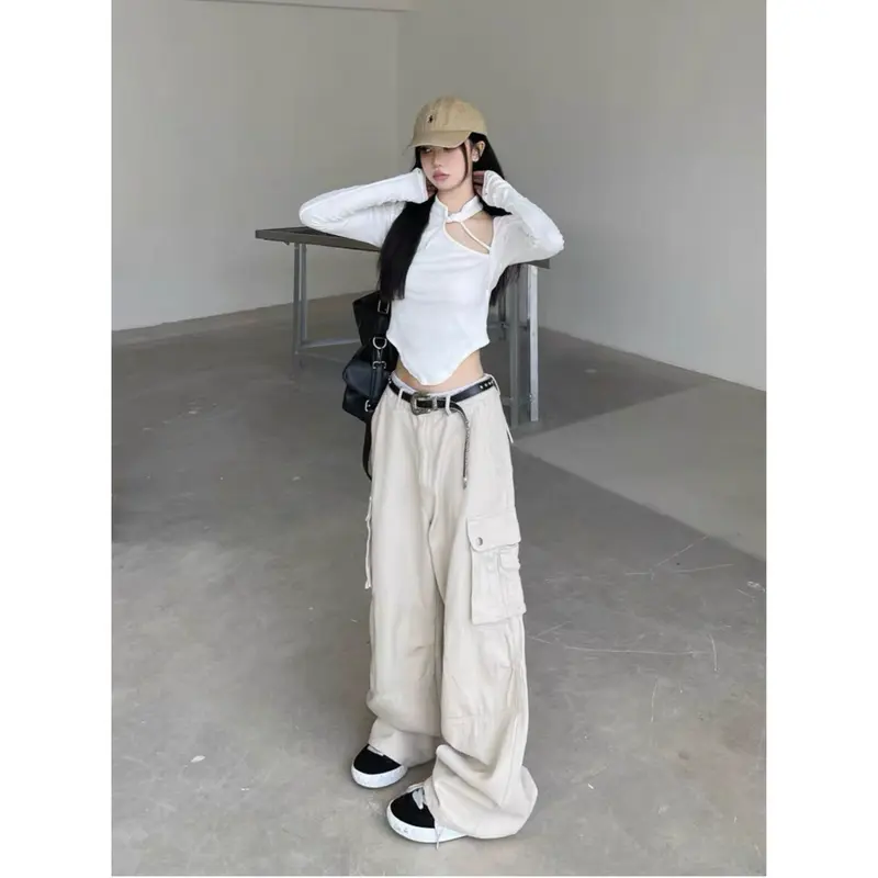 Krem New Highwaist multi pocket cargo Celana Jeans Panjang Wanita 5