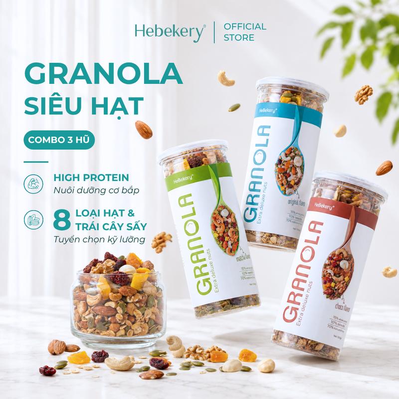 Combo 3 Hũ 500gr Granola Siêu Hạt HIGH PROTEIN Dinh Dưỡng 3 Vị - Thành Phần 8 Loại Hạt & Trái Cây Sấy - Vị Ngọt Thanh Dịu Từ MẬT ONG - Ngũ Cốc Healthy Dinh Dưỡng