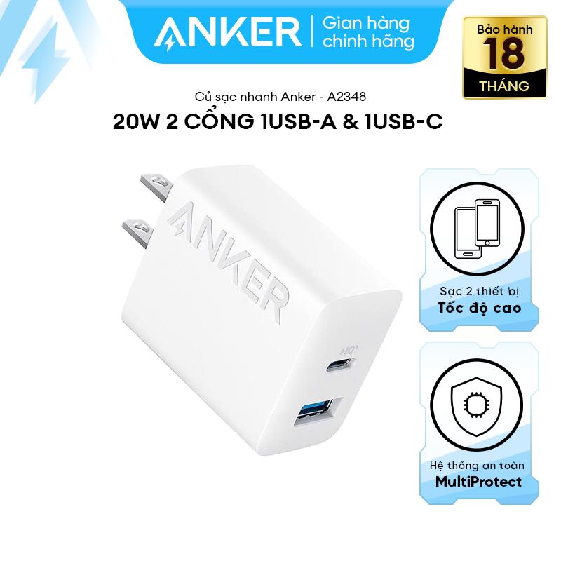 CỦ SẠC ANKER 20W A2348 - 2 cổng 1C1A sạc cùng lúc 2 thiết bị - Hỗ trợ công nghệ sạc nhanh PD, PowerIQ - A2348