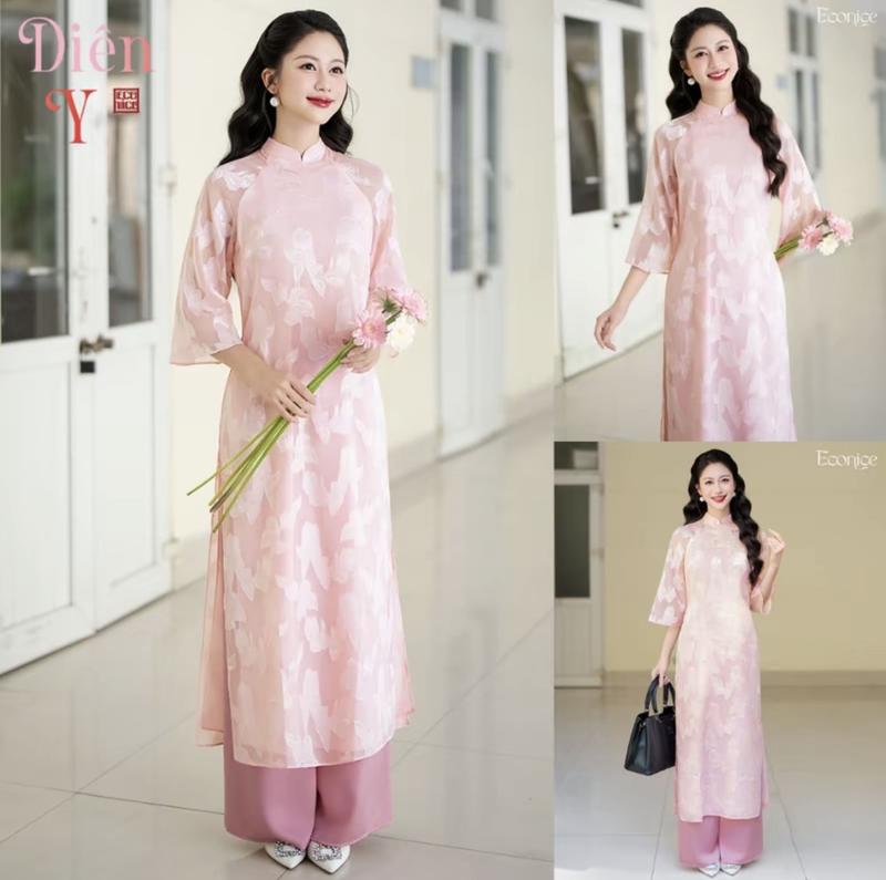Set áo dài cách tân nữ Econice tơ óng 4 tà in thêu hoạ tiết hoa in truyền thống mặc dịp lễ tết 2025