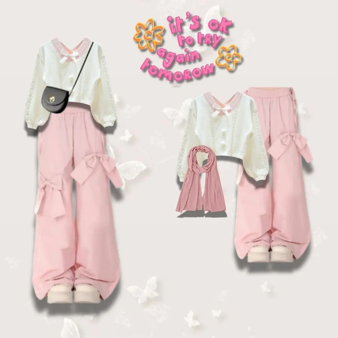 Baju Ootd Korean Style | 3in1 One Set Terbaru | Outfit Remaja Kekinian Korea | Setelan Dewasa Sweater Kawai Celana Cargo-Set39