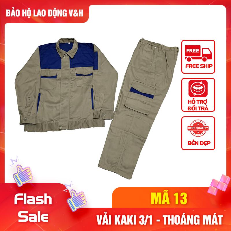 Bộ Quần Áo Bảo Hộ Lao Động Nam Dài Tay Mã 13 - Có Cổ Sơ Mi, Quần Có Túi Hộp, Vải Kaki 3/1 Dày Dặn, Bền Bỉ, Thoáng Mát, Chống Nắng Nóng Tốt