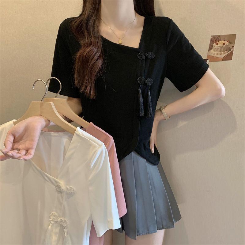 Product Introduction of Women's New Chinese Button Irregular Short T-shirt Fat Mm Cover Belly V-neck Top Womenswear Blouse Check Flat 22