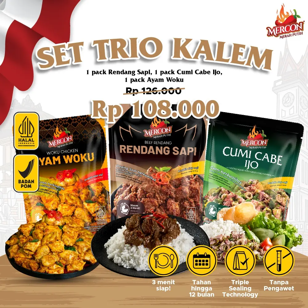 [ LAGI MURAH ] Mercon Merah Putih - Set Trio Kalem || Rendang Sapi + Ayam Woku + CUMI CABE IJO GINI