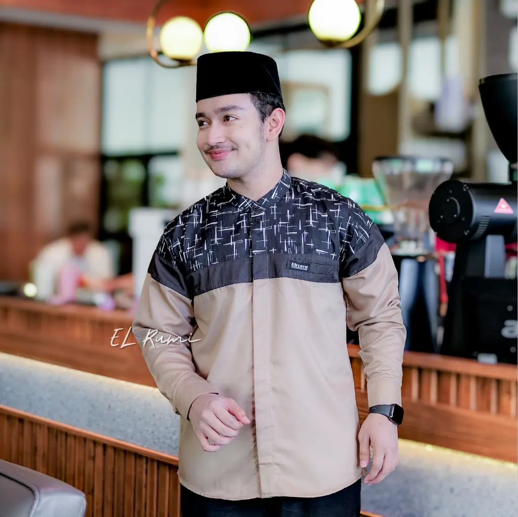 Elrumi Baju Koko Pria Lengan Panjang Motif Senopati - Kain Katun Toyobo Muslim Dewasa - Hitam, Kurta