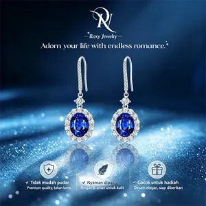 Anting Mewah Desain Klasik Batu Safir Biru Asli Look Berlian Moissanite Anting Koleksi Premium Wanita
