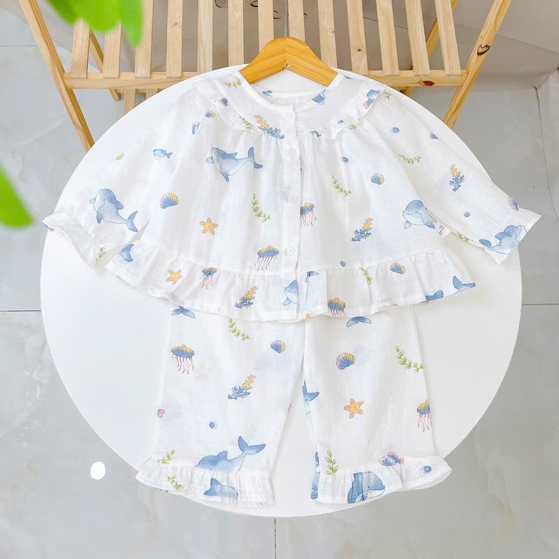 Pijama cho bé gái dài tay mặc ngủ điều hòa babydoll Áo Lá Homewear A050, đồ ngủ trẻ em vải xô đũi cotton