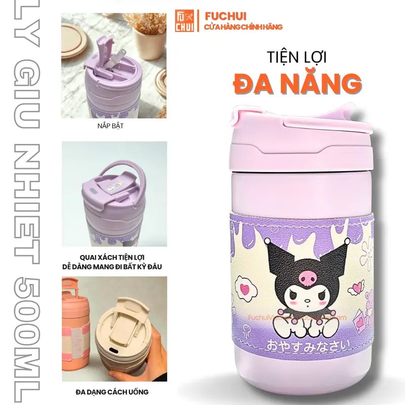 Bình Giữ Nhiệt FuChui 500ml Inox 304 – Thiết Kế Cute - Có Ống Hút - Khắc Tên Theo Yêu Cầu 6