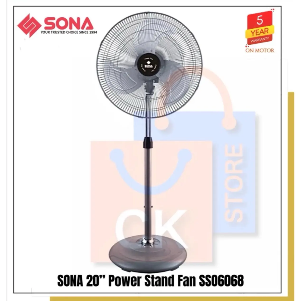 SONA 20” (130W) Power Stand Fan SSO6068 | SSO 6068 (5 Years Motor Warranty)