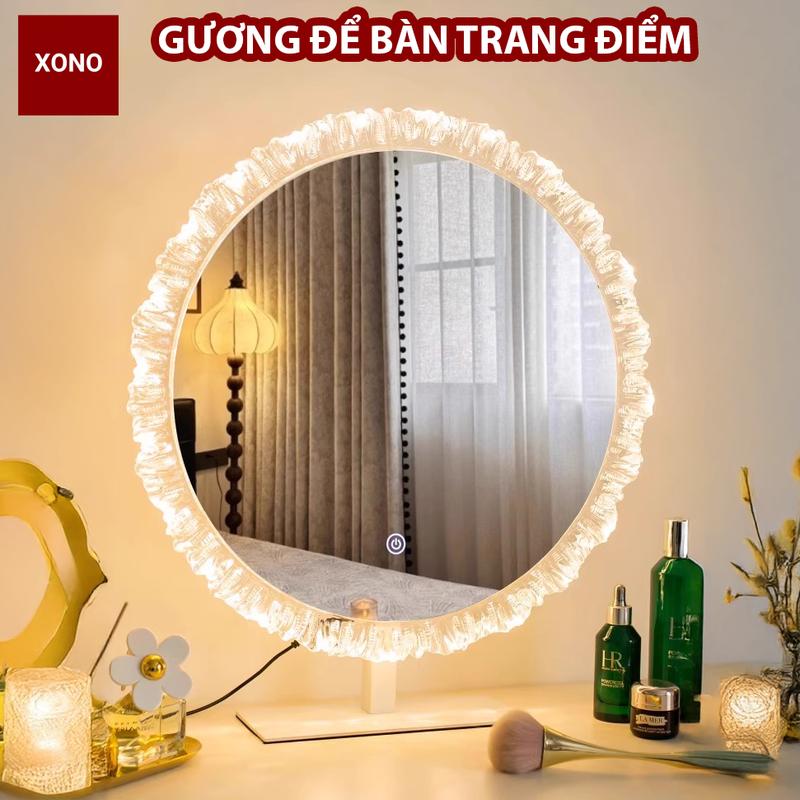 Gương Để Bàn Trang Điểm, Gương Viền Hoa Có Led 3 Màu Được Thiết Kế Sang Trọng,…