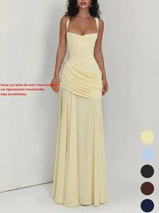 Vestido liso de mujer de cintura alta y corte entallado, vestido largo casual sin mangas, elegante vestido sexy con cuello cuadrado plisado