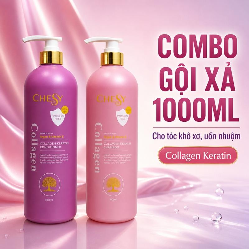 Combo Gội Xả Chesy Collagen 1000ML Siêu lớn sạch nhờn giảm khô xơ dưỡng tóc bóng khỏe 1000ml