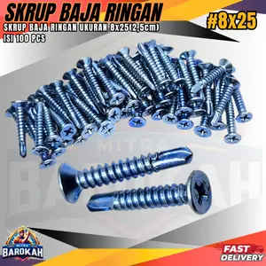 Skrup Baja Ringan Ukuran 2.5cm #8x25 1Bungkus isi 100PCS/Sekrup Baja,Skrup Roofing Baut Skrup Baja SUPER TAJAM DAN SERBAGUNA KUALITAS TERBAIK