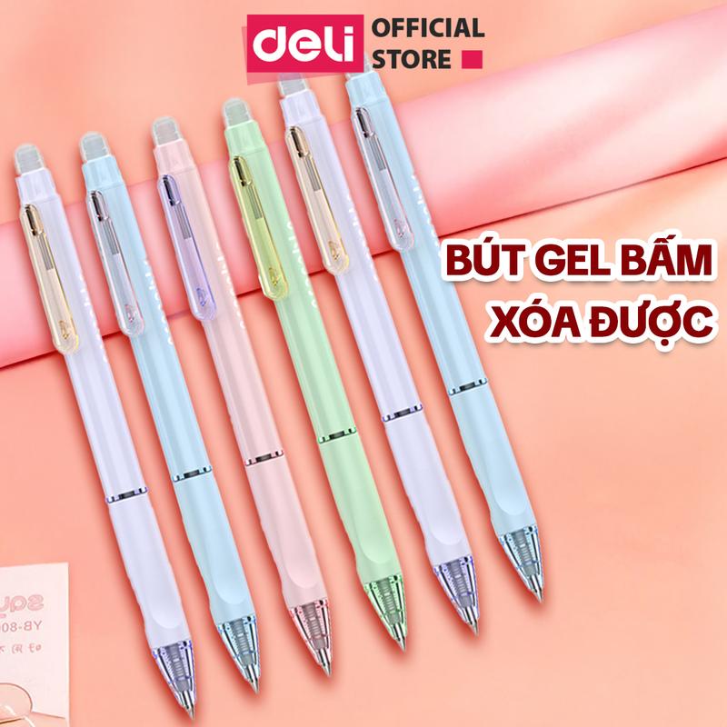 Bút gel xóa được nhiều màu Deli mực xanh/đen bút bi mực nước ngòi 0.5mm có tẩy trên nắp dành cho học sinh sinh viên nhân viên văn phòng