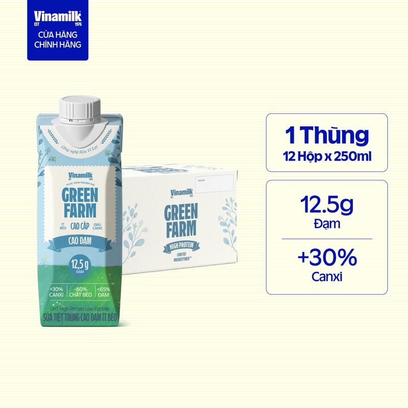 Thùng 12 hộp x 250ml Sữa tiệt trùng Cao đạm ít béo Vinamilk Green Farm Không Lactose Không Đường Vị Thân Thiện