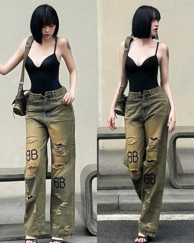 S-XXL DÀI 102CM QUẦN JEANS NỮ ỐNG RỘNG RÁCH KIỂU XANH BỤI VÀNG WASH LOANG MÀU 2 BÊN THÊU HỌA TIẾT CHỮ ĐEN NỔI CÁ TÍNH Pants Ong Women