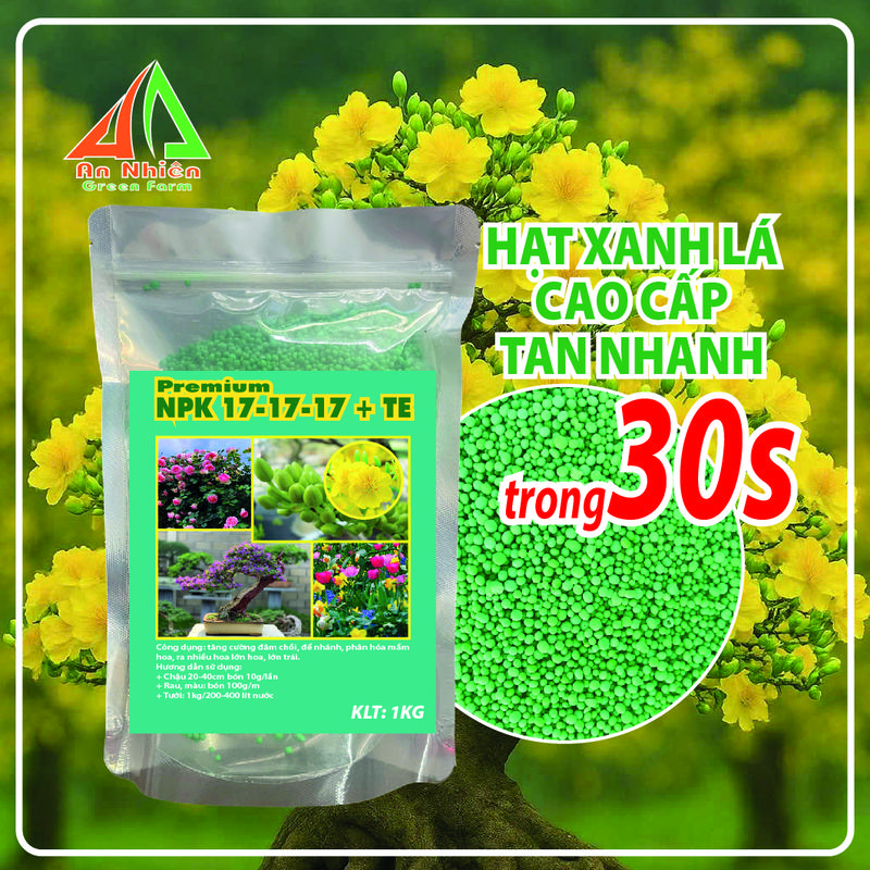 Phân Bón 17-17-17 TE Tan Nhanh Hạt Xanh Lá Premium NPK 17-17-17 + TE Cho Cây Kiểng Ra Hoa Tốt Hơn