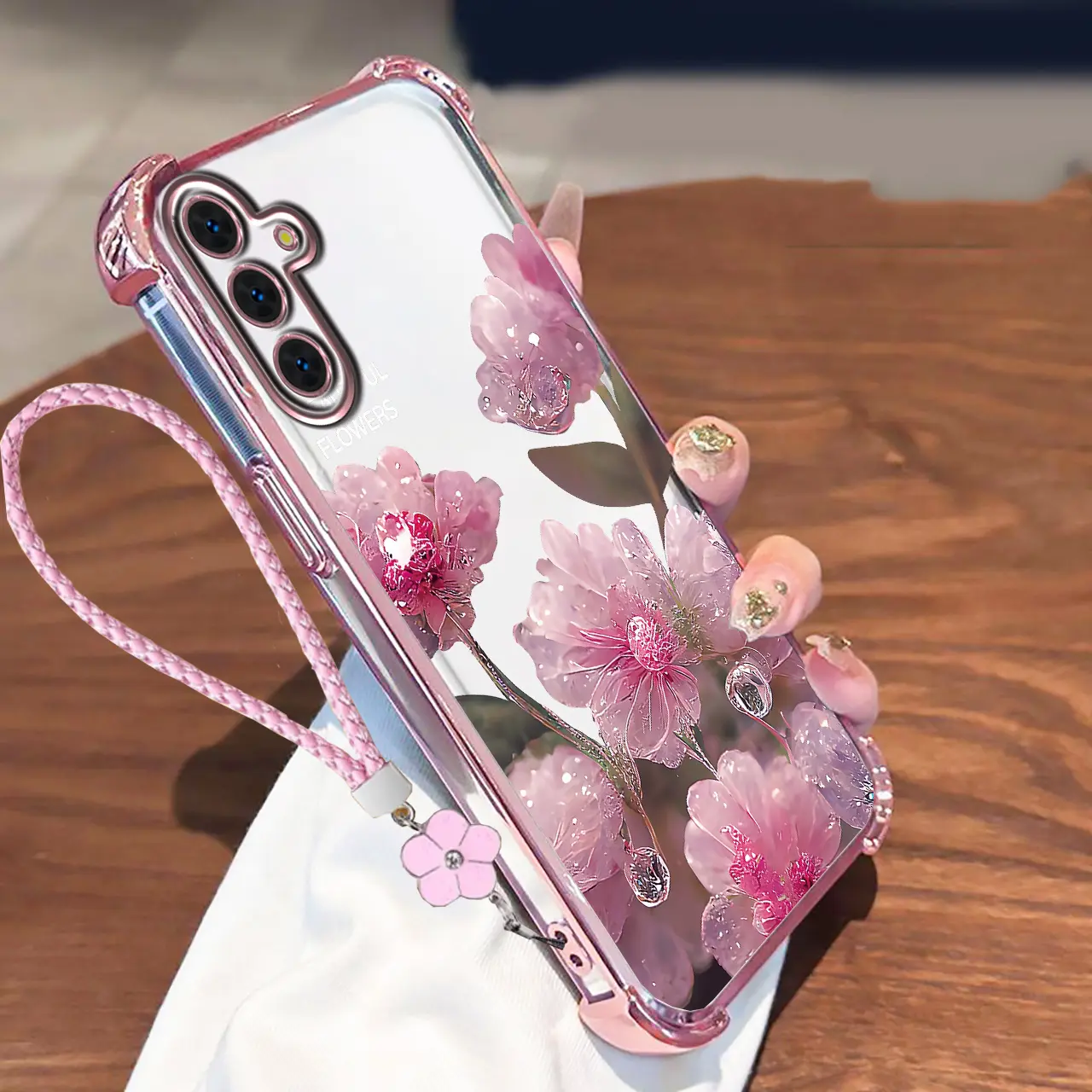 Casing For Samsung A26 A36 A16 A06 A56 5G Phone Cases Luxury Soft Silicone Four Corner Anti Fall Shockproof Phone With Lanyard Pink flowers Cover