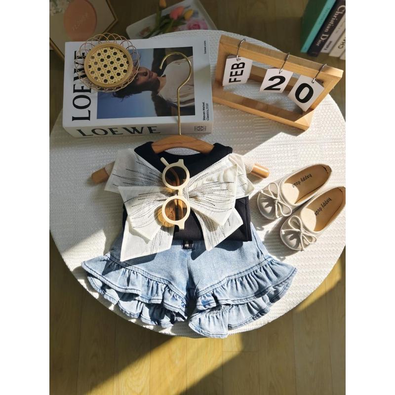 Setelan Anak Perempuan Import Knit Tanpa Lengan Pita Double Besar Punggung Short Pants Renda Terbaru 2