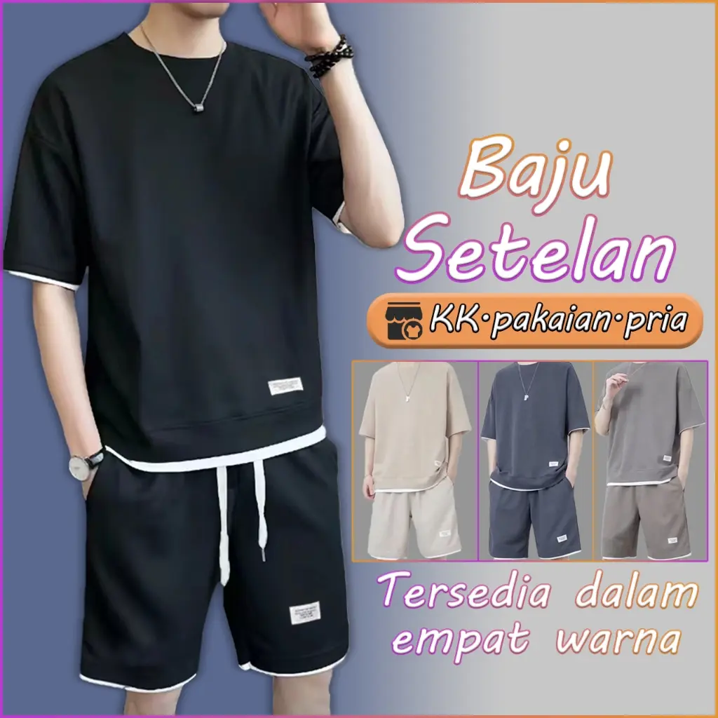 Baju Setelan Wafel Katun Setelan Pria Kaos dan Celana Pendek Set Keren Setelan Oversize Pakaian Pria Longgar Baju Kaos Pria
