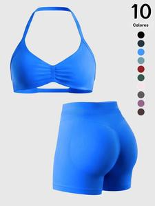 Conjunto de sujetador halter sin espalda y shorts para mujer, con elevación de glúteos de cintura alta y copas, ideal para yoga, fitness y uso diario, ropa deportiva 2 en 1